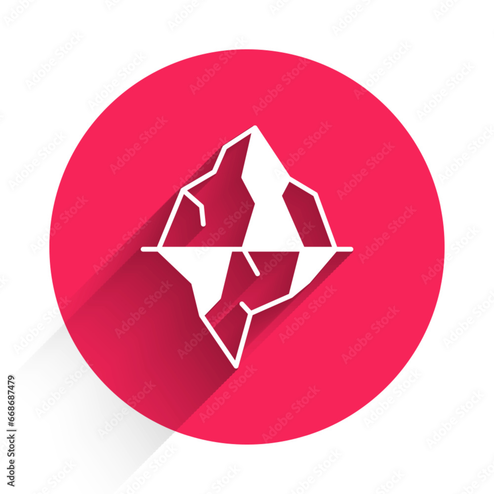 Poster white iceberg icon isolated with long shadow background. red circle button. vector