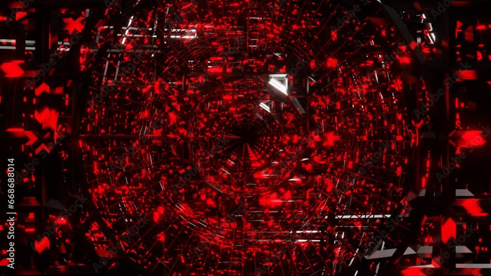 Poster camera fly through rotating frames of spheres flashing red on a black background. looping endless an