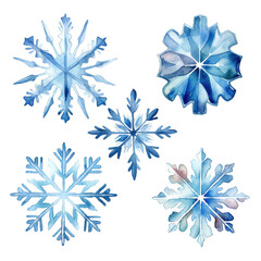 Watercolor set of snowflakes isolated on transparent background