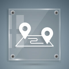 White Route location icon isolated on grey background. Map pointer sign. Concept of path or road. GPS navigator. Square glass panels. Vector