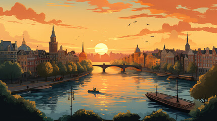 Scenic view of Amsterdam during sunrise or sunset in comic art style illustration. - obrazy, fototapety, plakaty