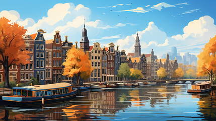 Scenic view of Amsterdam in colorful comic art style illustration. - obrazy, fototapety, plakaty