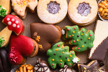 traditional Christmas pastries and cakes with chocolate, Christmas preparations and baking