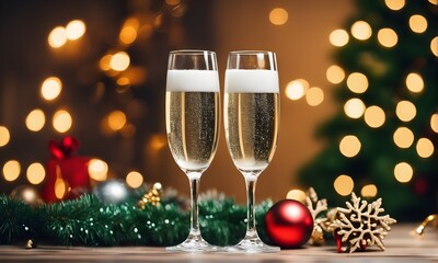 Two champagne glasses in festive Christmas ambiance