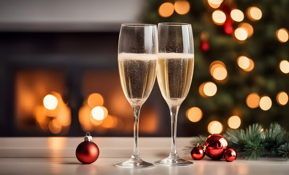 Two champagne glasses in festive Christmas ambiance