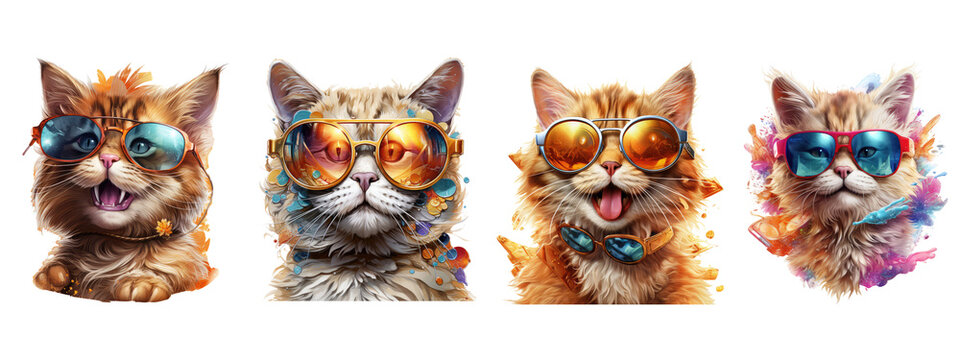 funny cat with crazy wearing sunglasses on transparent background
