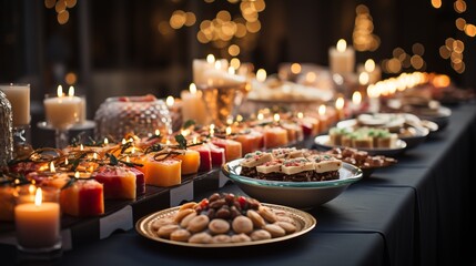 Christmas dinner table full of dishes with food and snacks on a green tablecloth, festive feast with a variety of food. Concept: Buffet, catering - obrazy, fototapety, plakaty