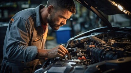 Auto mechanic is repairing car it in auto repair shop, Car repair service.