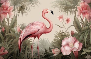 Wall art and wallpaper old Drawing pink Whimsical Vintage Illustration of a Lush Tropical Jungle Paradise with Exotic Birds, Palm Fronds, and Flamingos