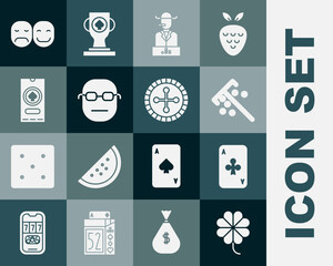 Set Casino slot machine with clover, Playing card clubs, Stick for chips, Poker player, poker tournament invitation, and roulette wheel icon. Vector