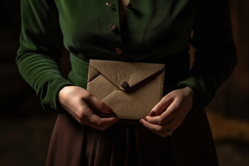 A mulher está segurando um envelope verde com um botão de madeira
