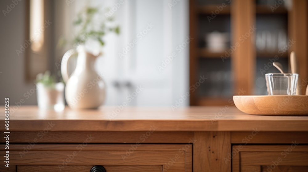 Wall mural A wooden table with a bowl and a spoon on it, AI