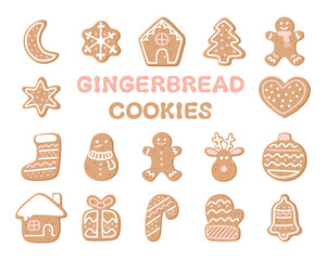 Gingerbread cookies collection. Flat cartoon style.