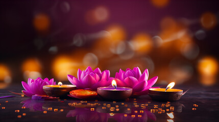  colorful vibrant divali themed greeting with divali colorful vibrant divali themed greeting with divali diyas oil lamps candles, lotus flowers and copy space on magenta bokeh background