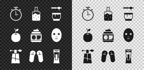 Fototapeta premium Set Stopwatch, Spa salt, Honey dipper stick and bowl, Perfume, Slipper, Bottle of shampoo, Apple and Cream or lotion cosmetic tube icon. Vector