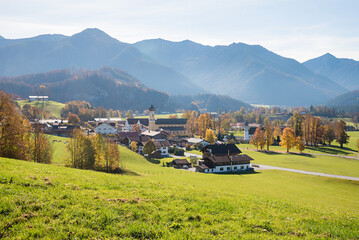 Fototapeta premium rural village and spa town Fischbachau, upper bavarian landscape in autumn