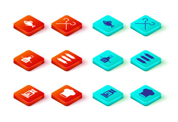 Set Barbecue coal bag, Chef hat, Kitchen apron, Sausage, BBQ skewers and Fish icon. Vector