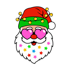 Modern Santa. Claus head with pink heart sunglasses, stars in beard, Christmas lights bulbs. Winter holiday season vector illustration. Isolated object on white background