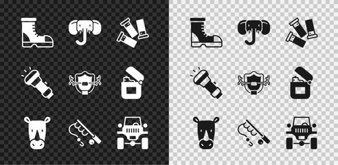 Set Hunter boots, Elephant, Cartridges, Rhinoceros, Fishing rod, Off road car, Flashlight and Deer antlers on shield icon. Vector