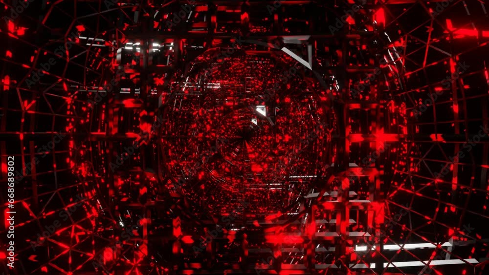 Poster camera fly through rotating frames of spheres flashing red on a black background. looping endless an