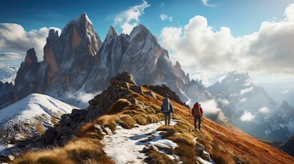 A family trekking in the Dolomites, reflecting a unique mountainous landscape in the world, Generative AI. - obrazy, fototapety, plakaty