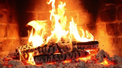 Fire in fireplace Watch This Fireplace Transform Your Evening.Cozy Fireplace Night .Burning fireplace will help you unwind in the perfect atmosphere - Powered by Adobe