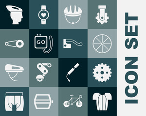 Set Cycling t-shirt, Bicycle sprocket crank, wheel, helmet, Stopwatch, chain with gear, and brake icon. Vector