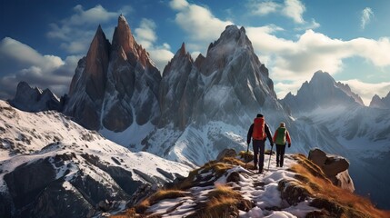A family trekking in the Dolomites, reflecting a unique mountainous landscape in the world, Generative AI.