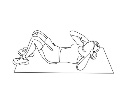 oblique crunches exercise line art drawing isolated on white copy space background, girl lay down and doing her exercises, exercise editable vector illustration, Continuous one line drawing, work out