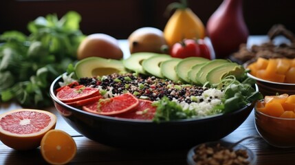 Fototapeta na wymiar Vegan Salad, Veggie bowl with green vegetables and fruits, spinach, avocado, grapefruit.