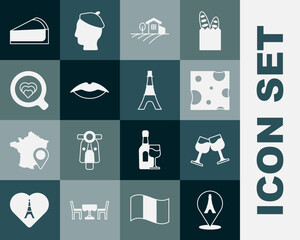 Set Eiffel tower, Wine glass, Cheese, Village landscape, Smiling lips, Coffee cup, Cherry cheesecake slice and icon. Vector
