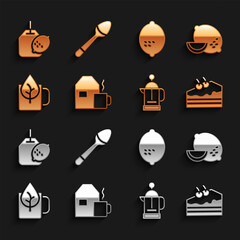 Set Cup of tea with milk, Lemon, Piece cake, French press, leaf, Tea bag lemon and Teaspoon icon. Vector