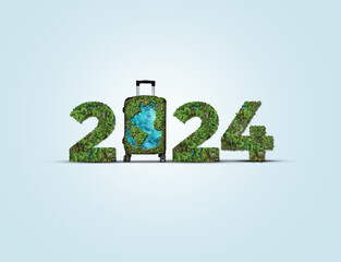 2024 new year World tourism creative 3D concept background. Green travel bag with 2024 new year text.