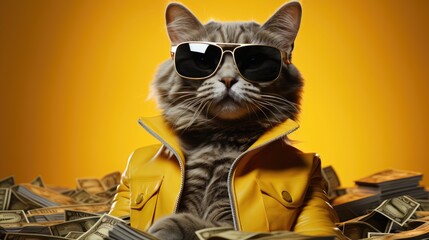 Closeup portrait of funny ginger cat wearing sunglasses isolated on yellow. Copyspace - obrazy, fototapety, plakaty
