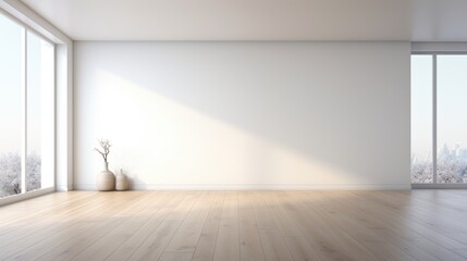 modern empty room with wooden floor and large white plain wall