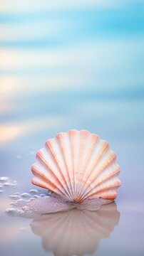 A shell on the beach with water in the background, AI