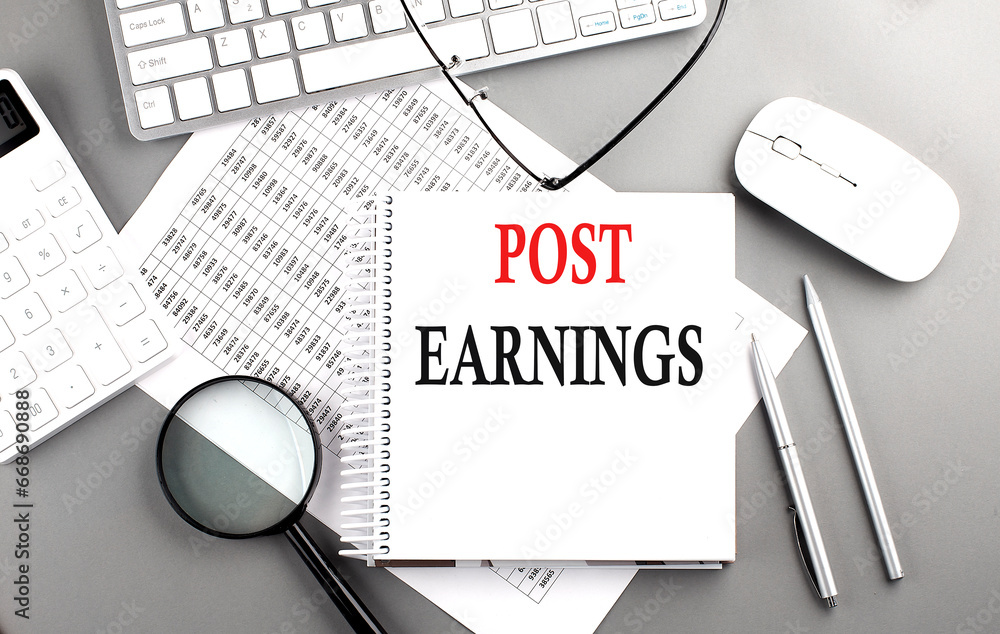 Poster PST EARNINGS text on notebook with clipboard and calculator on a chart background