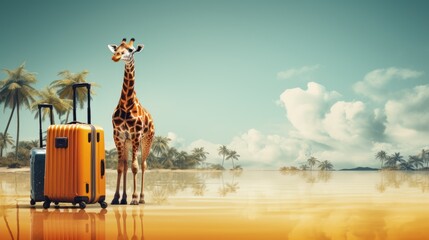 Naklejki  Summer adventure with a stylish giraffe with suitcase. Travel concept