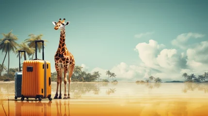 Poster Im Rahmen Summer adventure with a stylish giraffe with suitcase. Travel concept © YauheniyaA