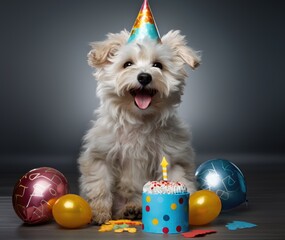 close up on a beautiful terrier dog wearing a birthday hat and sticking out his tongue against grey background