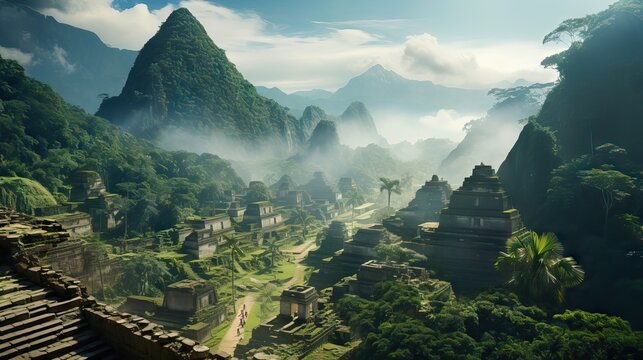 Ruins of Machu Picchu covered in vegetation, showcasing the achievements and mysteries of ancient civilizations, Generative AI