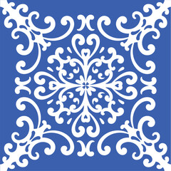 Pattern blue and white. Winter decor, snowflakes,christmas decor. Seamless pattern tile with Victorian motives.Ceramic tile in talavera style. Ornamental blue and white patterns for any decor.