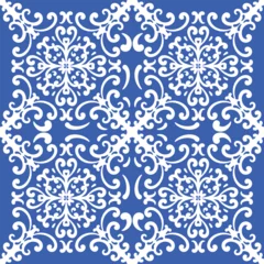 Deurstickers Pattern blue and white. Winter decor, snowflakes,christmas decor. Seamless pattern tile with Victorian motives.Ceramic tile in talavera style. Ornamental blue and white patterns for any decor. © Lex_Sky