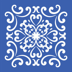 Pattern blue and white. Winter decor, snowflakes,christmas decor. Seamless pattern tile with Victorian motives.Ceramic tile in talavera style. Ornamental blue and white patterns for any decor.