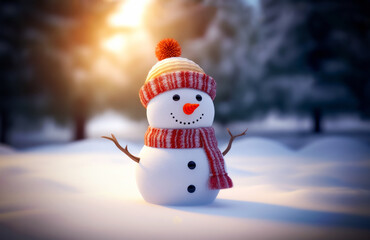 Christmas cute snowman on snow landscape generative ai