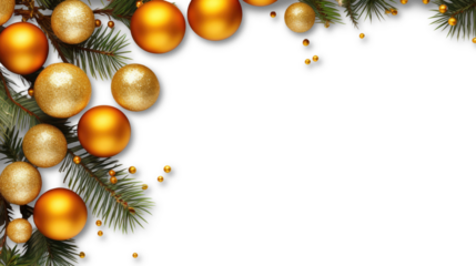 Horizontal banner with christmas tree garland and ornaments. Hanging gold balls and ribbons. Great for flyers, posters, headers