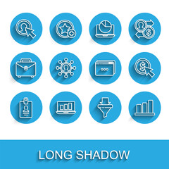 Set line Identification badge, User of man in business suit, Sales funnel arrows, Pie infographic, Business network and communication, Cursor coin and Website template icon. Vector