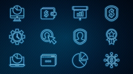 Set line Dollar, share, network, Medal with star, Graph, chart, diagram, infographic, User of man business suit, Time Management, Computer monitor, protection and Wallet dollar icon. Vector
