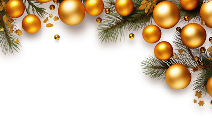 Horizontal banner with christmas tree garland and ornaments. Hanging gold balls and ribbons. Great for flyers, posters, headers - Powered by Adobe