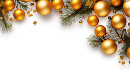 Horizontal banner with christmas tree garland and ornaments. Hanging gold balls and ribbons. Great for flyers, posters, headers